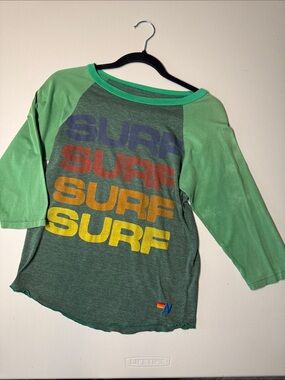 VTG Aviator Nation Surf Repeat Henley 3/4 sleeve Shirt Green Multi Sz Small-READ